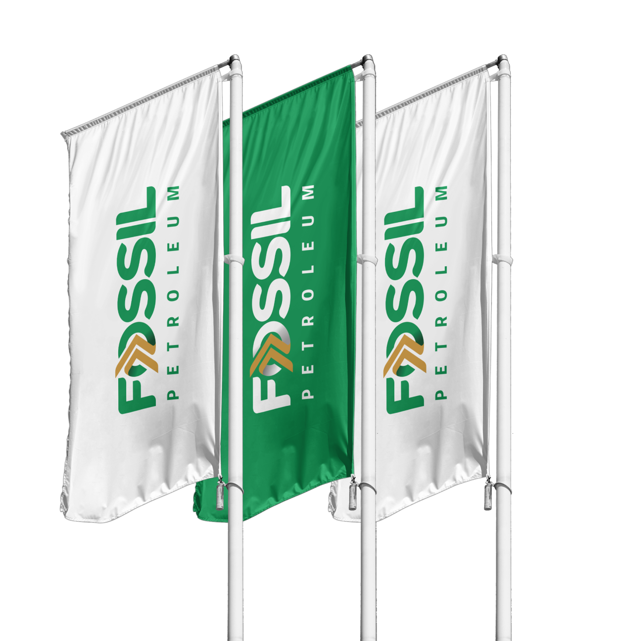 3 flags with fossil logo